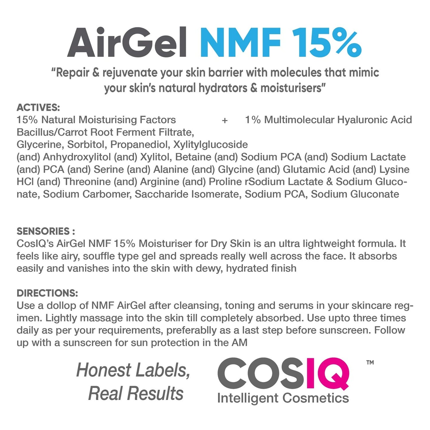 AirGel NMF-15% Moisturiser for Dry Skin, 100ml - CosIQ