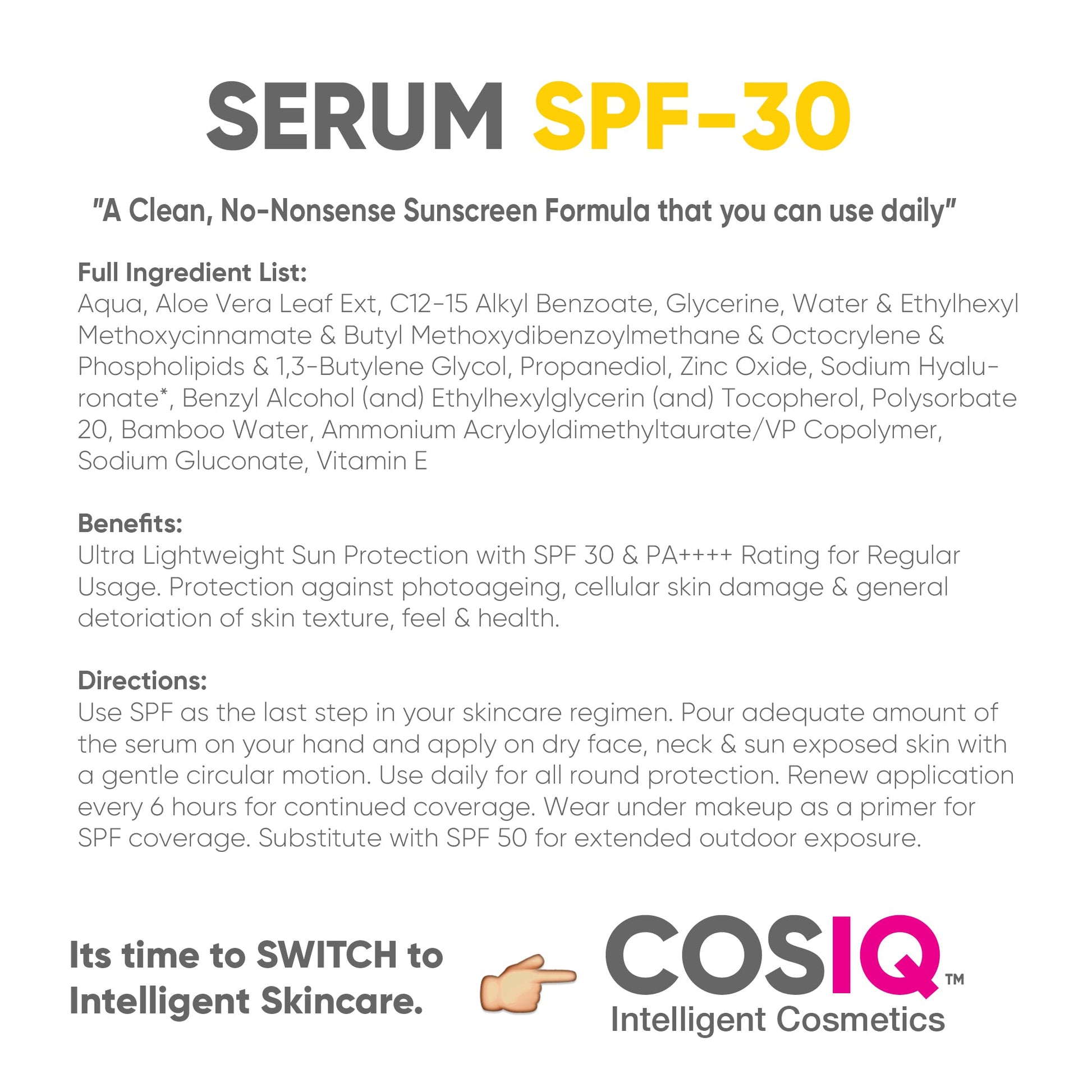 SPF 30 Sunscreen Serum, 100ml - CosIQ